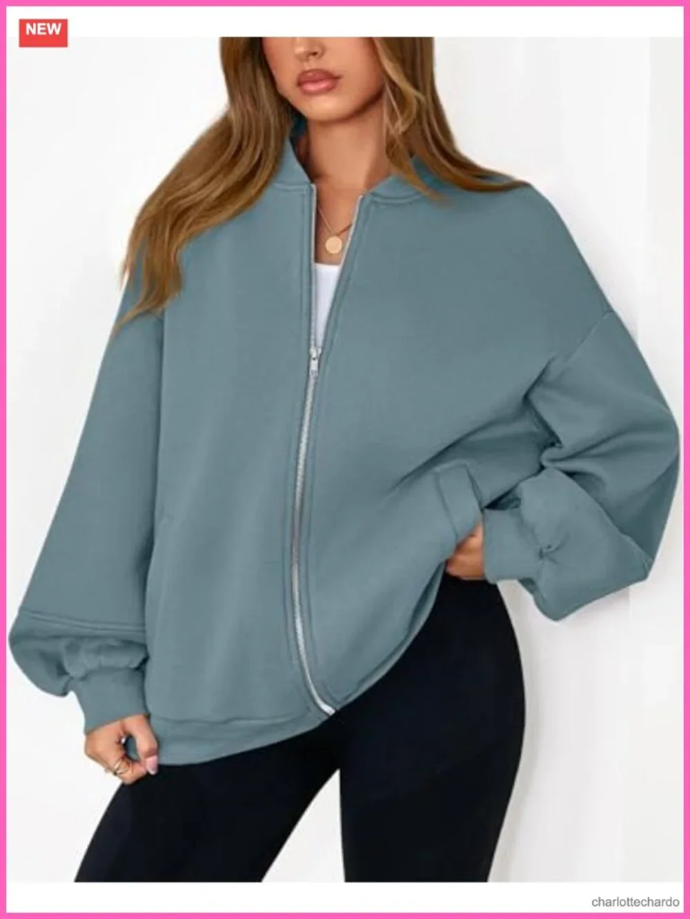 Oversized Zip Up Bomber Jacket Women Fleece Lined Sweatshirt with Pockets